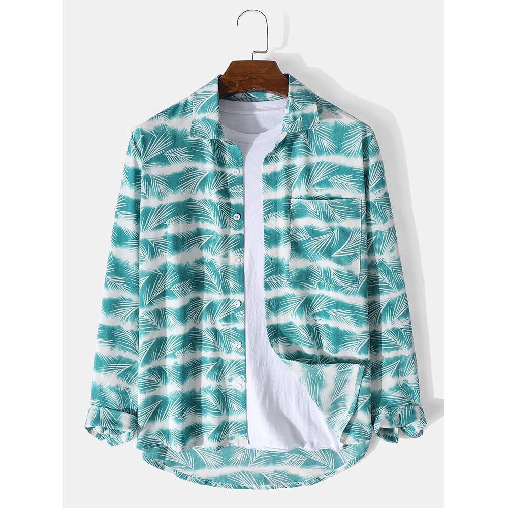 Mens All Over Ombre Leaf Print Lapel Holiday Long Sleeve Shirts - Brown S