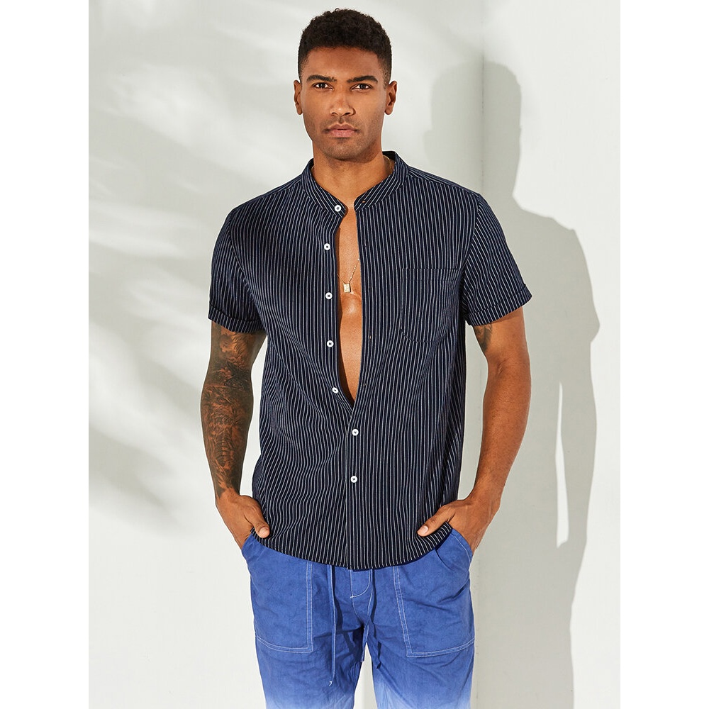 Mens Summer 100% Cotton Practical Pocket Casual Shirts - M Blue