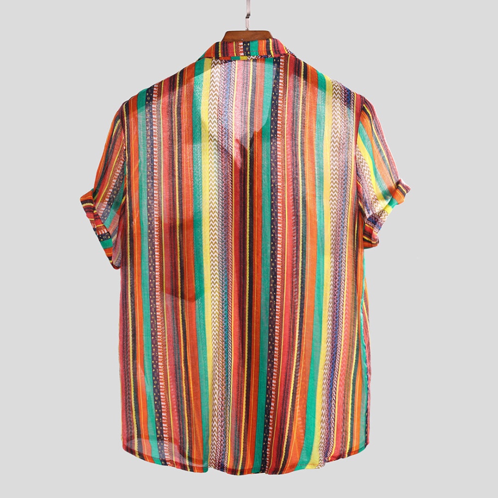 Mens Colorful Striped Printed Pocket Loose Lightweight Shirt - 3XL Orange - Image 2