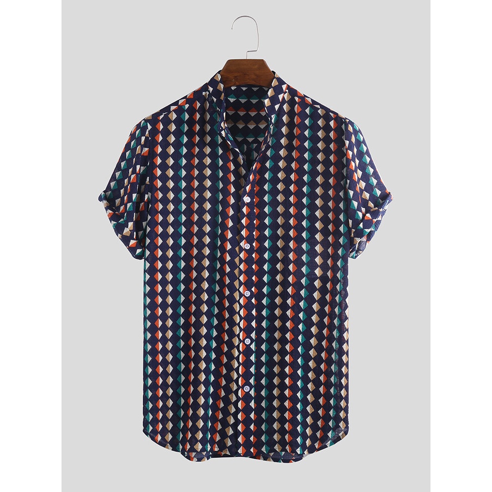 Mens Diamond Lattice Printing Summer Loose Casual Shirts - L Red