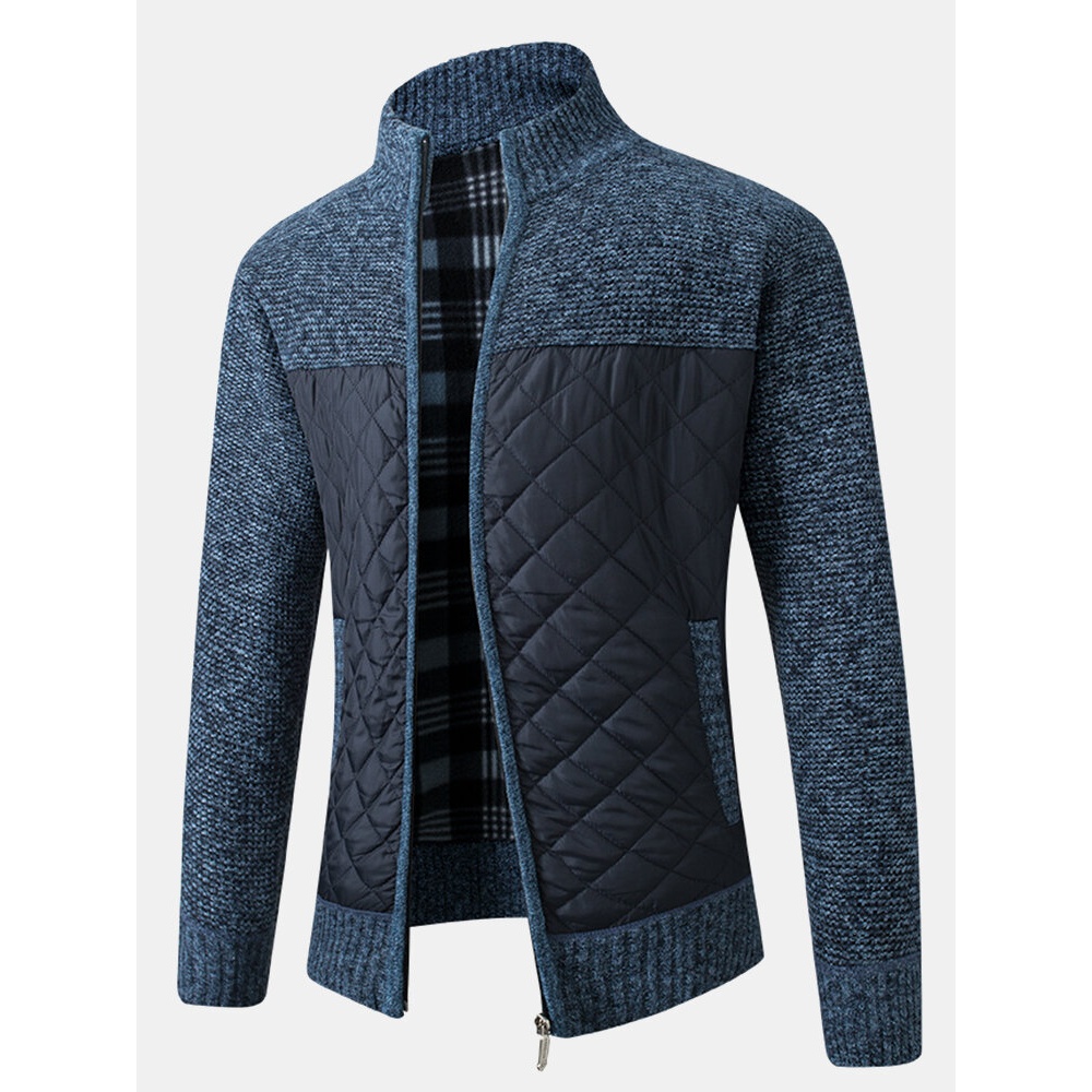 Mens Warm Patchwork Long Sleeve Zipper Knitting Thick Jacket With Pocket - S Blue