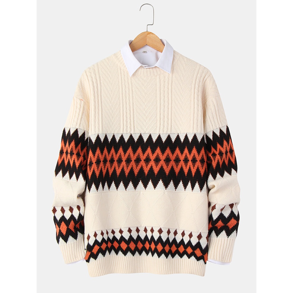Mens Geometric Knitted Warm Thick Cable Long Sleeve Sweaters - Apricot L