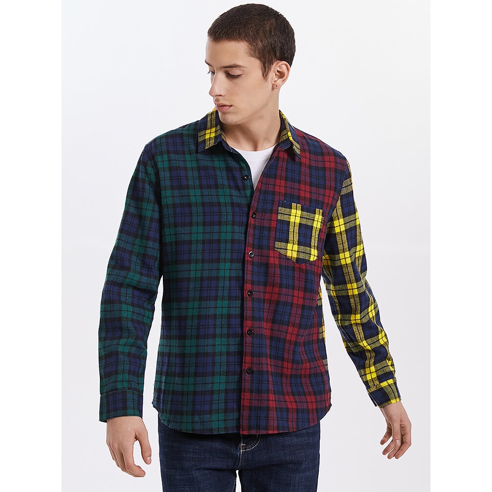 Mens 100% Cotton Plaid Patchwork Lapel Casual Long Sleeve Shirts - Yellow S
