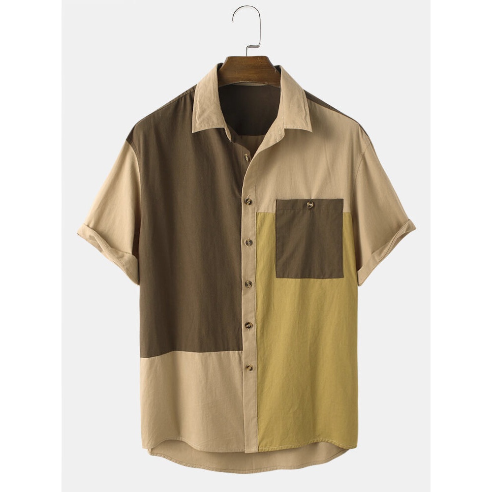Mens Patchwork 100% Cotton Pocket Casual Shirts - Khaki S
