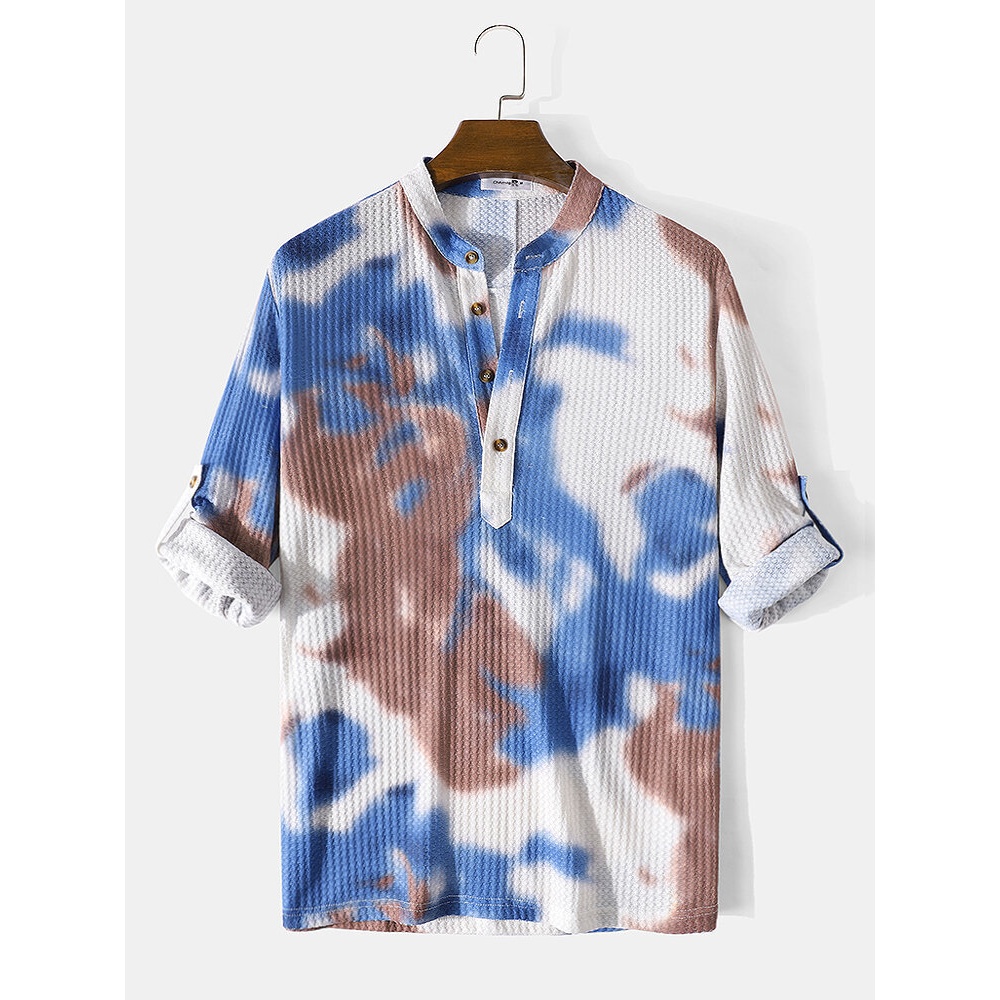 Mens Tie-Dye Waffle Designer Long Sleeve Casual Henley Shirt - Khaki S