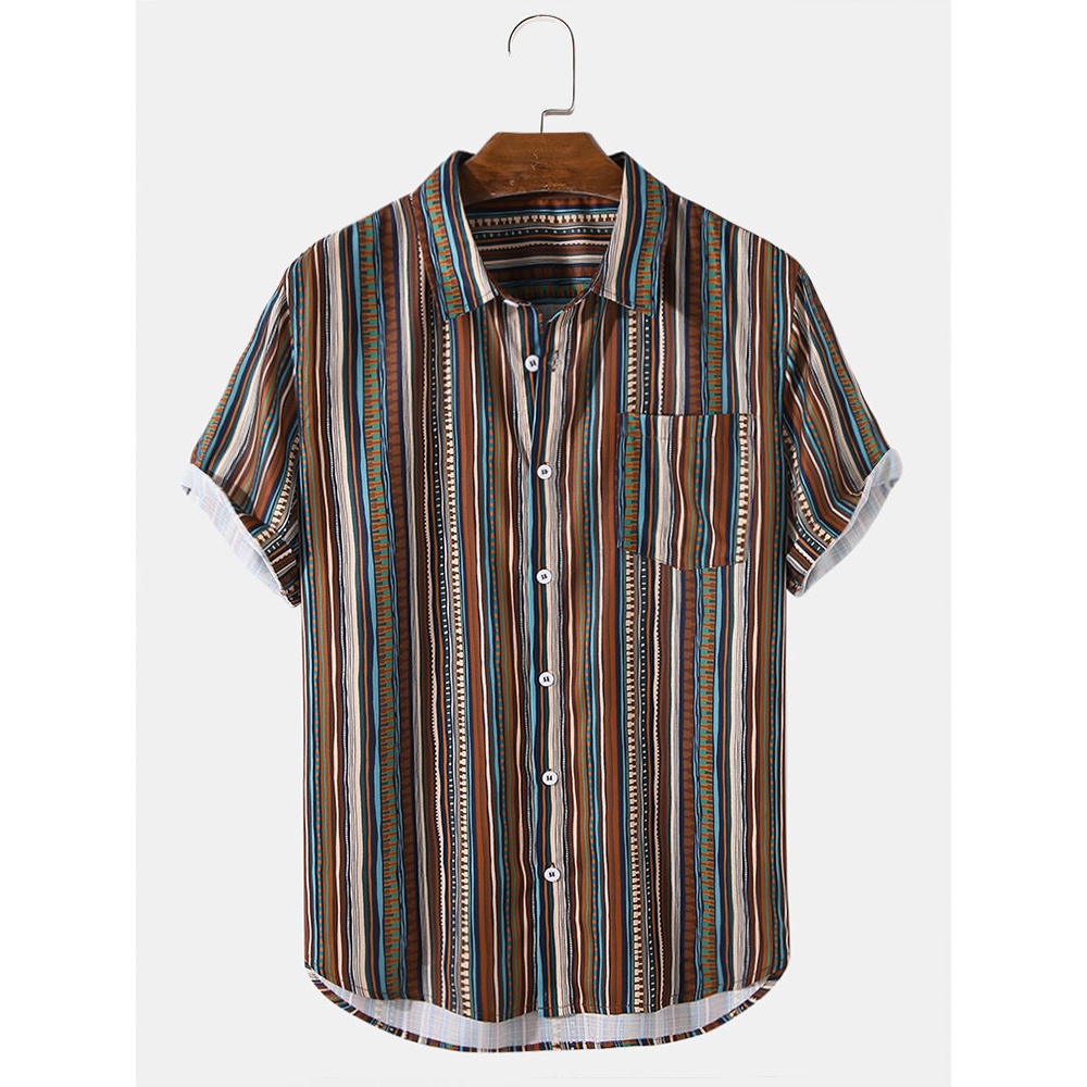 Mens Striped Print Short Sleeve Holiday Shirts - Brown S