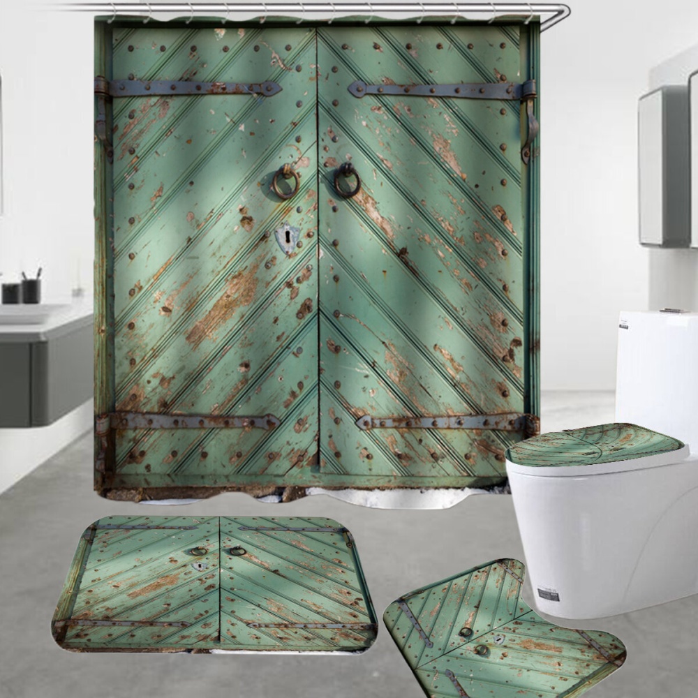 Green Vintage Door Bathroom Shower Curtain Non-slip Mat Set Waterproof Anti-rust Bath Mat Set - 3Pcs Floor mat - Image 2