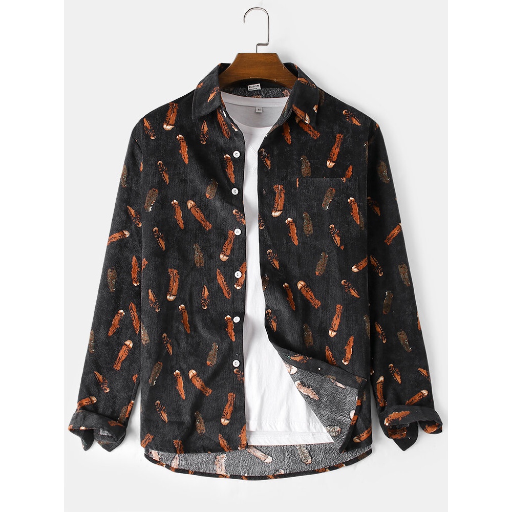 Corduroy Mens Abstract Print Long Sleeve Casual Shirts With Pocket - Black 2XL