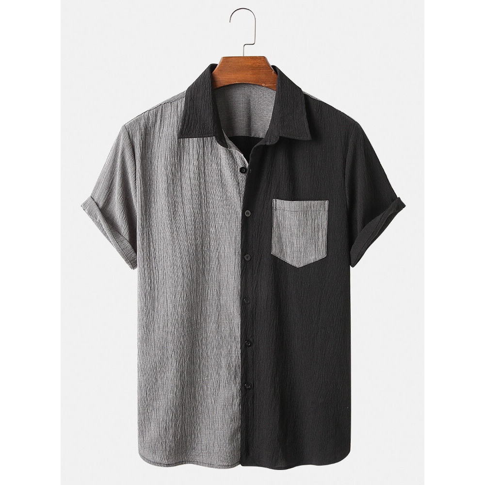 Mens Solid Color Patchwork Wrinkle Short Sleeve Shirts With Pocket - Black S