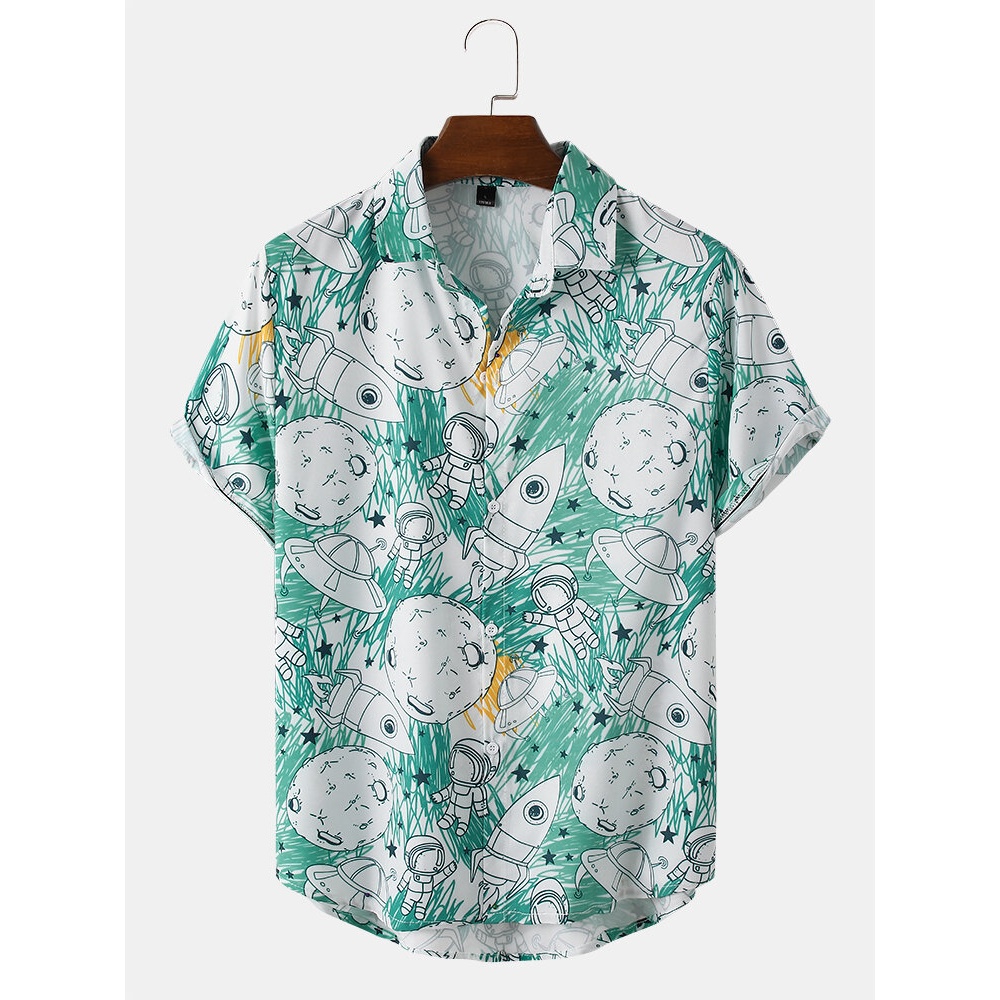 Mens Cartoon Astronaut Print Lapel Short Sleeve Shirt - Green L