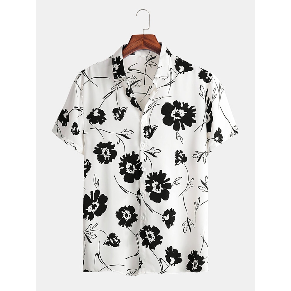 Mens Designer Flroal Print Button Up Holiday Short Sleeve Shirts - White L