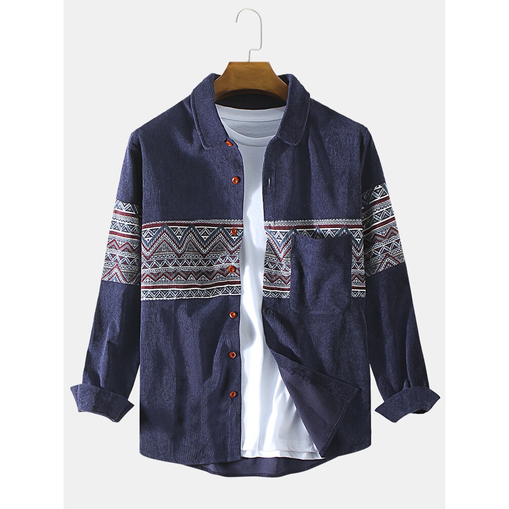 Mens Ethnic Corduroy Print Long Sleeve Loose Casual Shirts - Coffee L