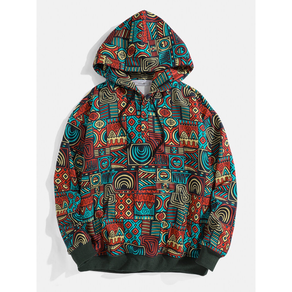 Mens Tribal Printed Quarter Button Polar Fleece Ethnic Style Hoodies - Black S
