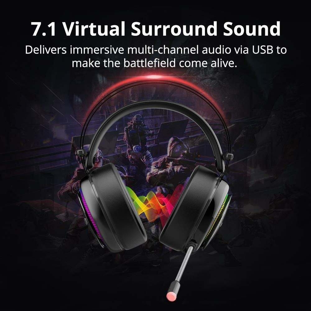 Tronsmart Glary Gaming Headphone 7.1 Virtual Surround Sound Colorful LED Lighting 50mm Driver Gaming Headphone for PC Switch XBOX PS4 - Black - Image 2