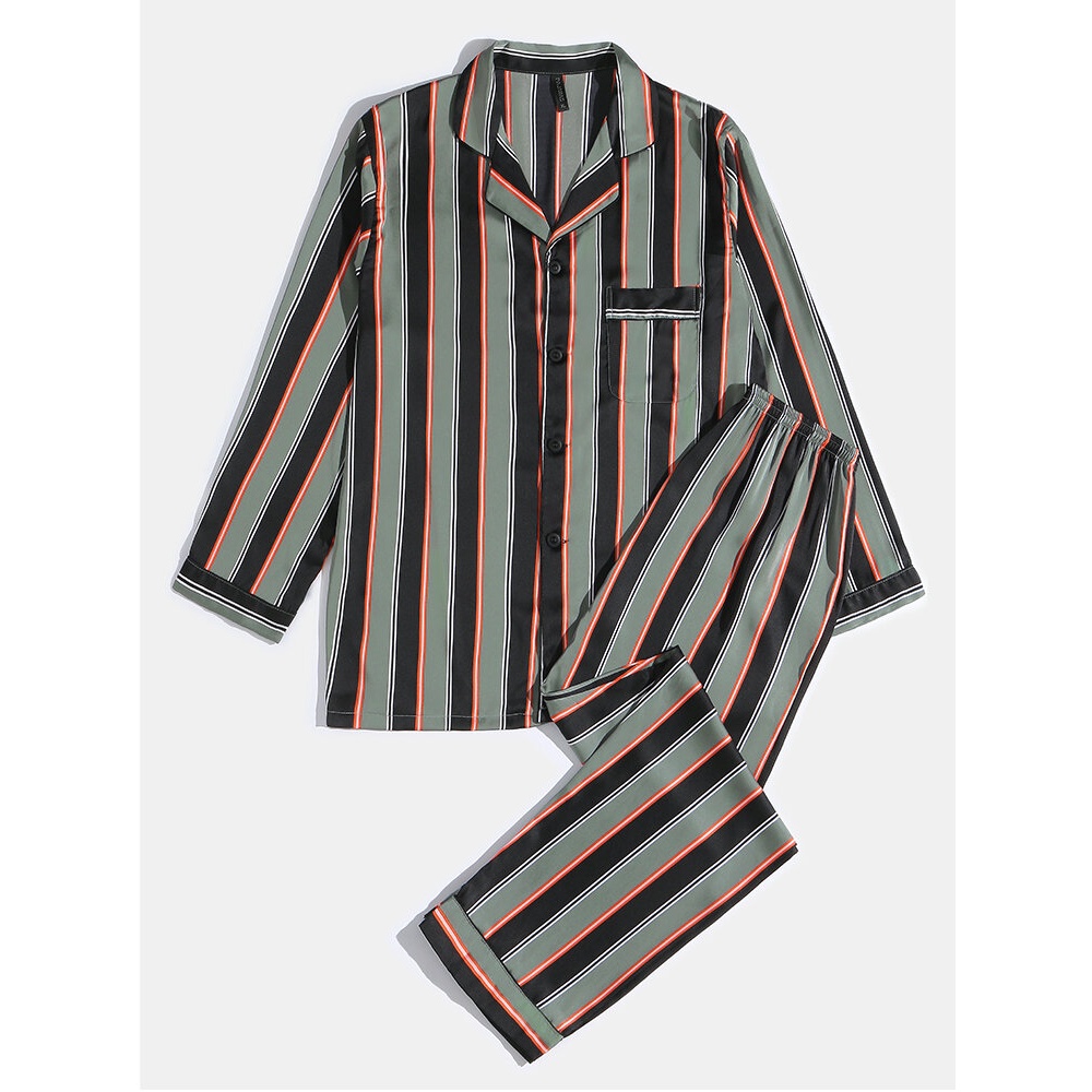 Mens Stripe Print Lapel Long Sleeve Shirt Elastic Waist Pants Home Pajama Set - Army Green M