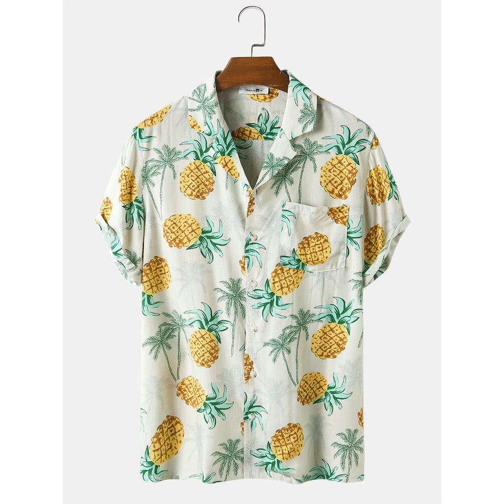 Mens Casual Pineapple Print Tropical Breathable Short Sleeve Shirts - Navy 2XL