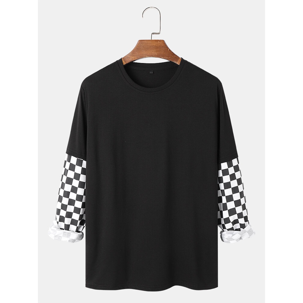 Mens Checkerboard Long Sleeve False Two Patchwork T-shirt - Black XL