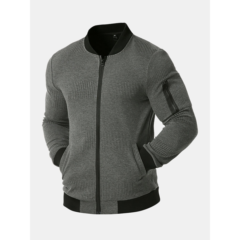 Mens Rib Baseball Collar Zip Up Casual Plain Jacket With Pocket - White S