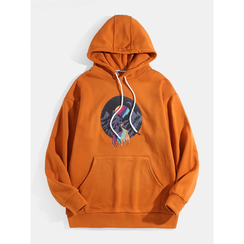 Mens Design Rainbow Landscape Print Kangaroo Pocket Drop Shoulder Hoodies - Black M