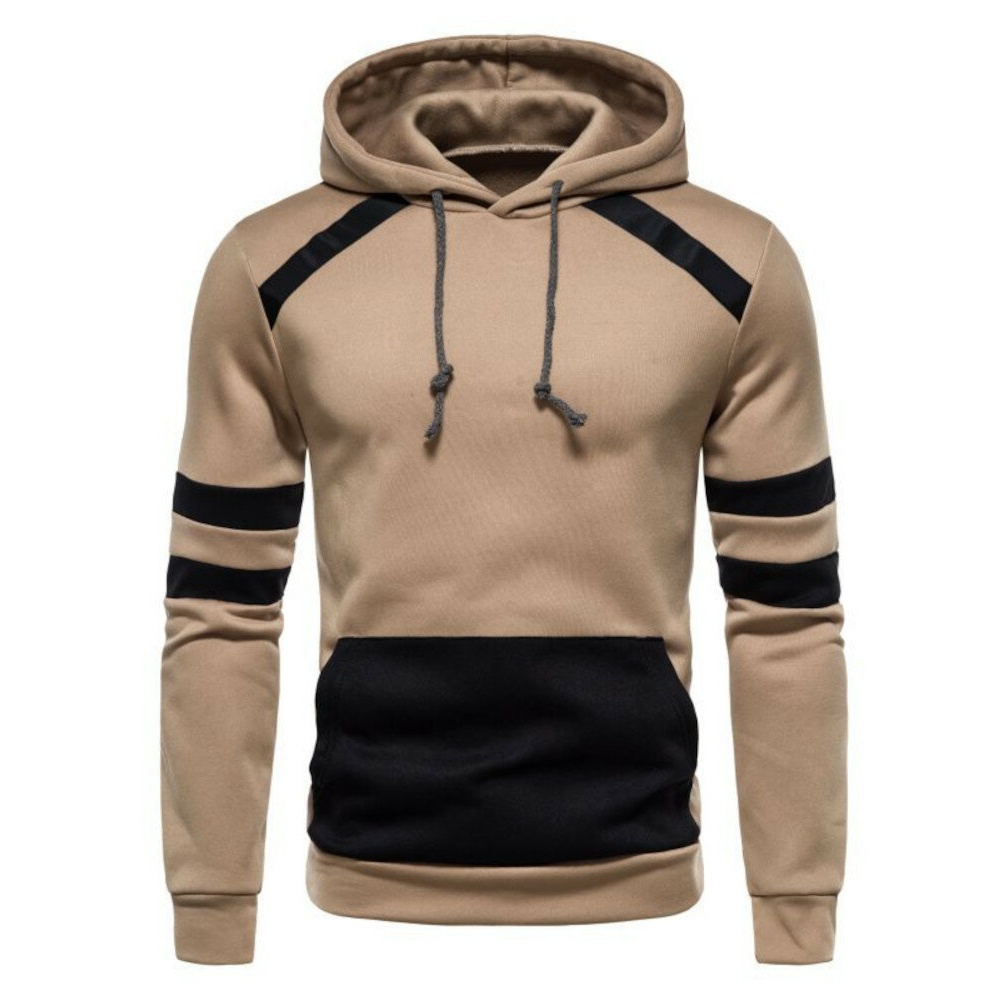 Men Color Block Strip Patch Kangaroo Pocket Drawstring Casual Hooded Sweatshirt - Khaki M