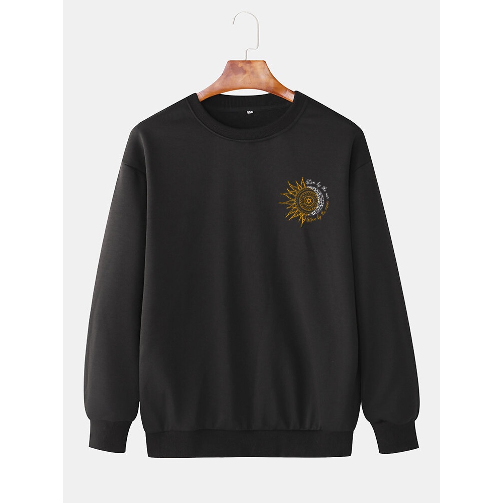 Mens Design Sun Totem Cotton Simple Long Sleeve Pullover Sweatshirts - Black L