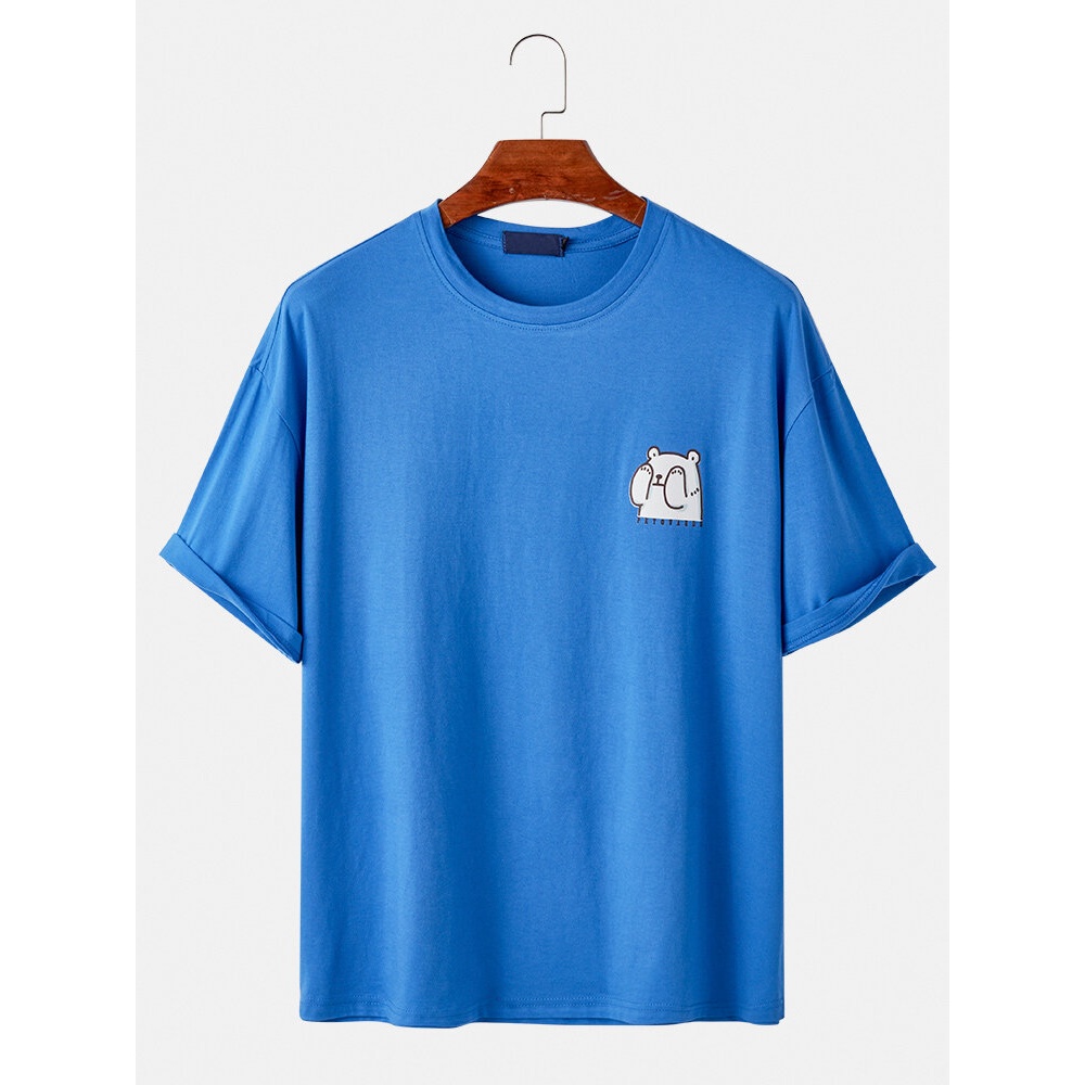 Mens Cartoon Bear Print Solid Color Loose Light Casual Round Neck T-Shirts - White S