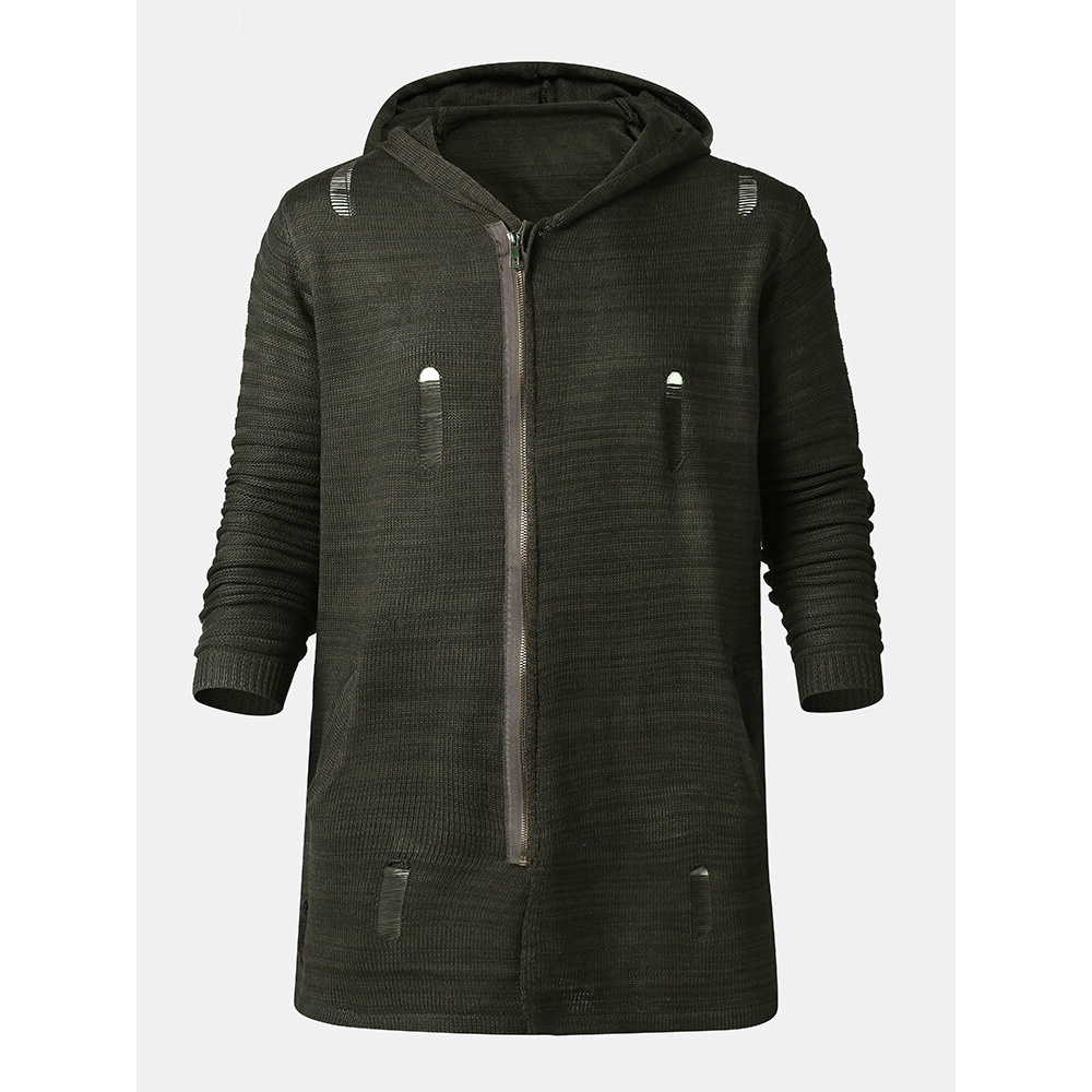 Mens Fashion Knitting Hooded Mid Long Zipper Casual Sweaters - L Army Green
