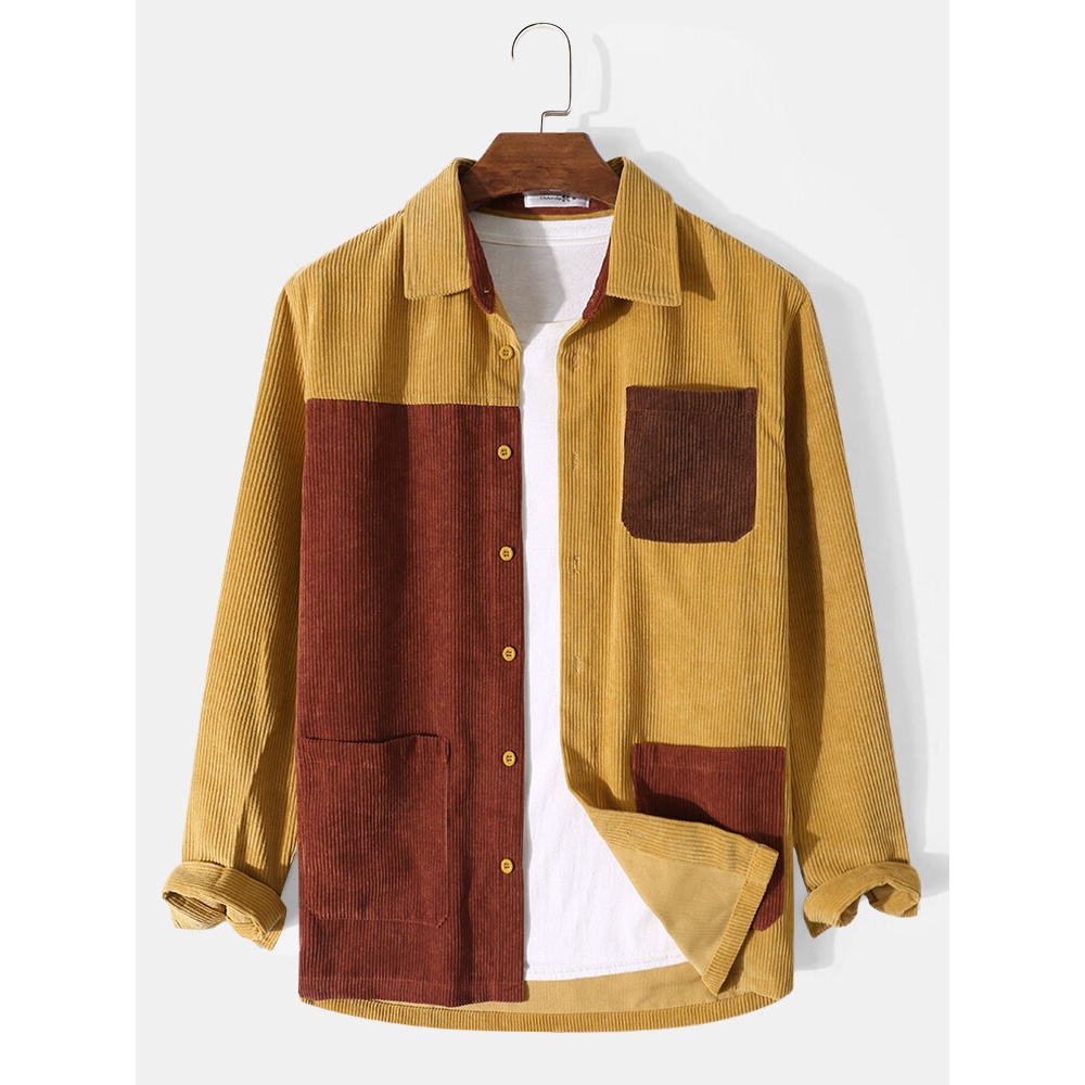 Men Corduroy Patchwork Contrast Color Block Lapel Multi Pockets Casual Shirts - Yellow S