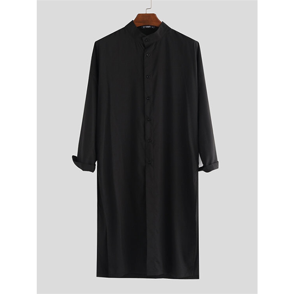 Mens Long Sleeve Longline Shirt Loose Causal Baggy Ethnic Style Tunic Tops Shirt - L Black