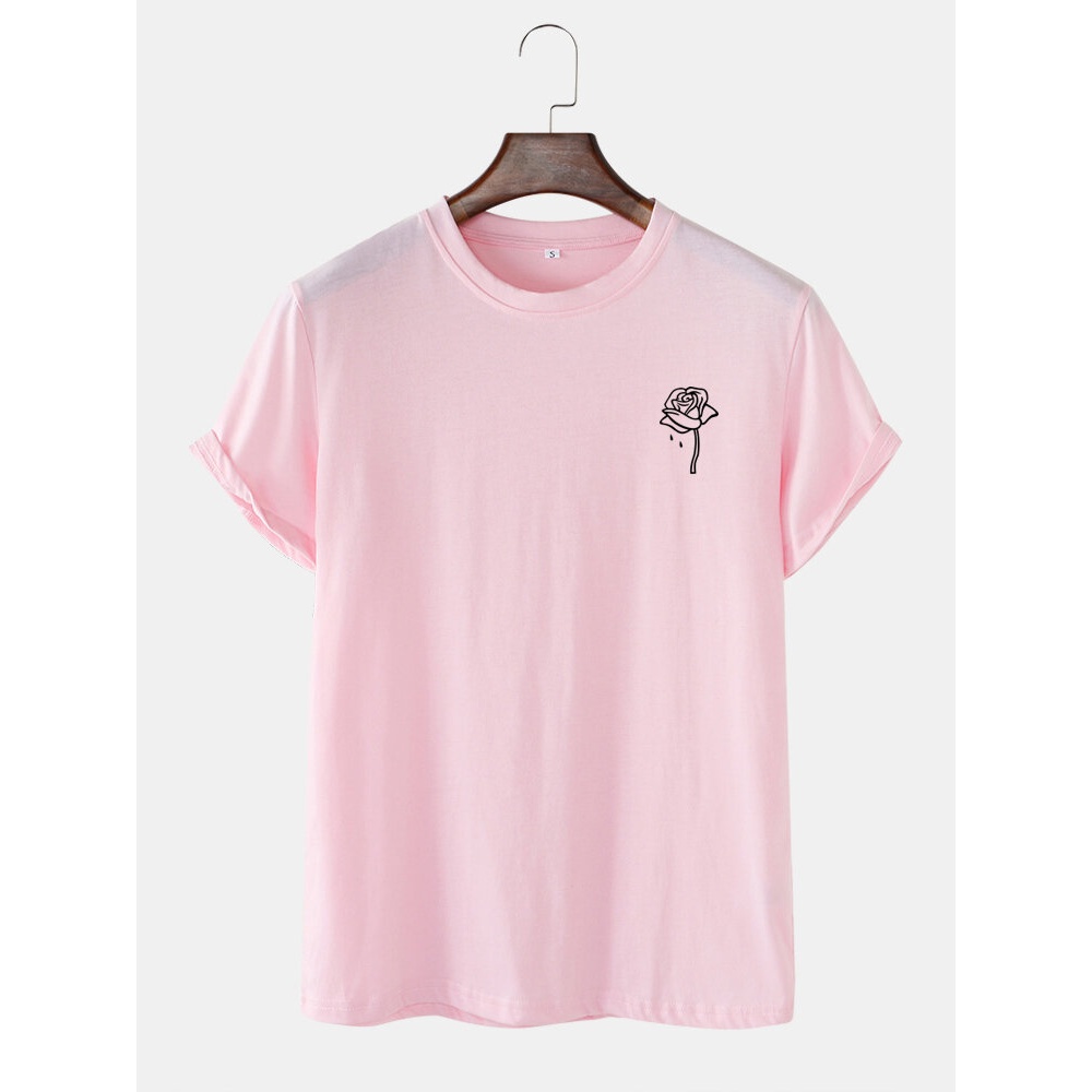 Mens Rose Print Crew Neck Cotton Casual Short Sleeve T-Shirts - White S