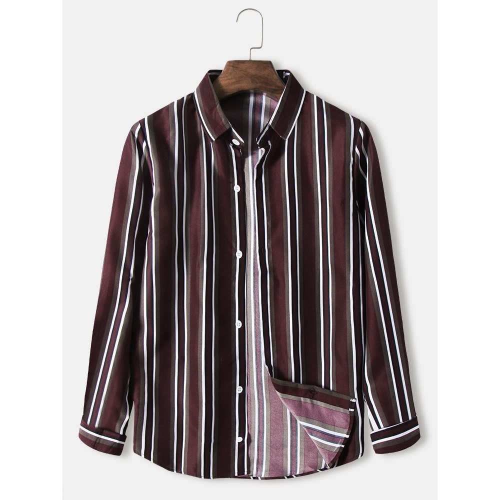 Mens Stripe Print Lapel Collar Long Sleeve Casual Shirts - Red L