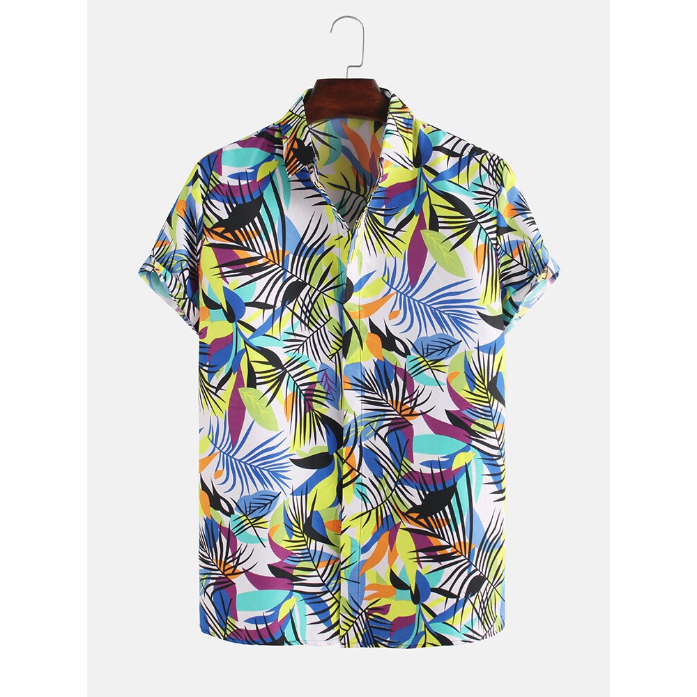 Men Leaf Printed Tropical Style Short Sleeve Lapel Casual Shirts - S White