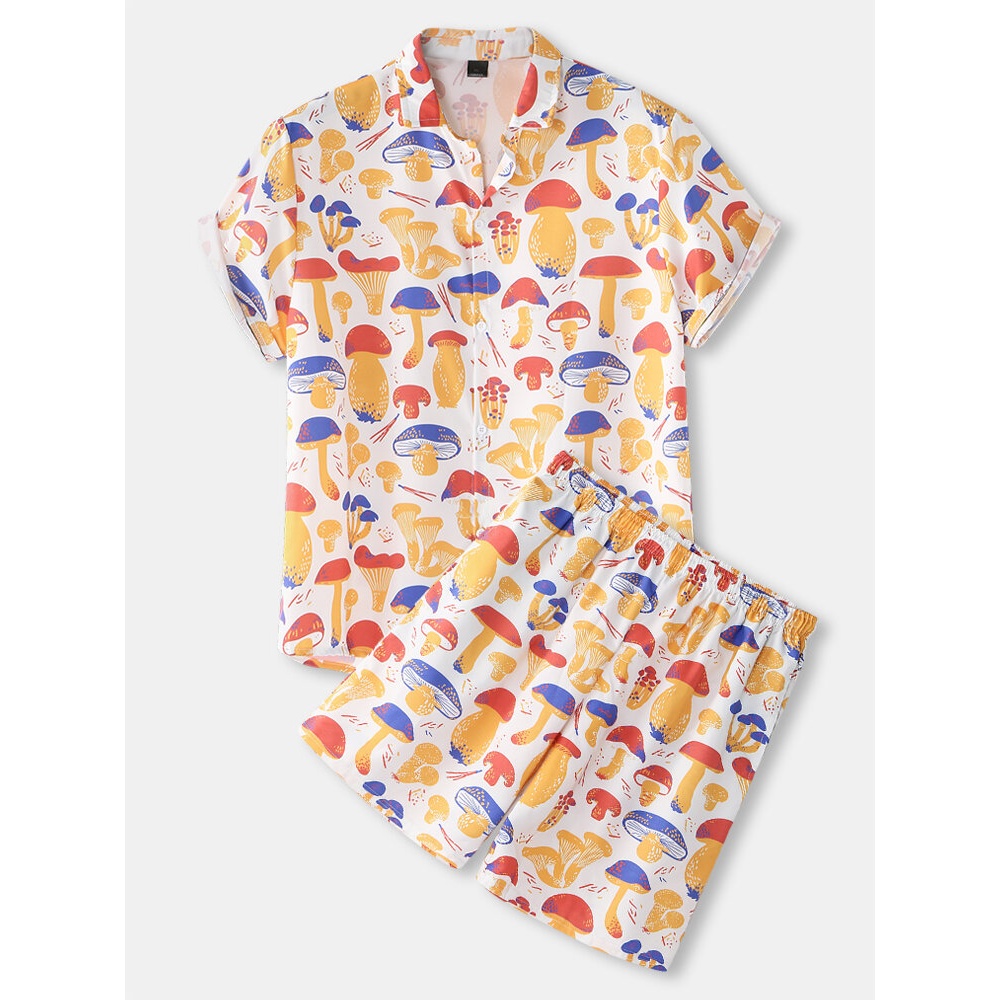 Mens Colorful Mushroom Print Thin Loose Holiday Beach Loungewear Short Sleeve Pajamas Sets - Yellow 3XL