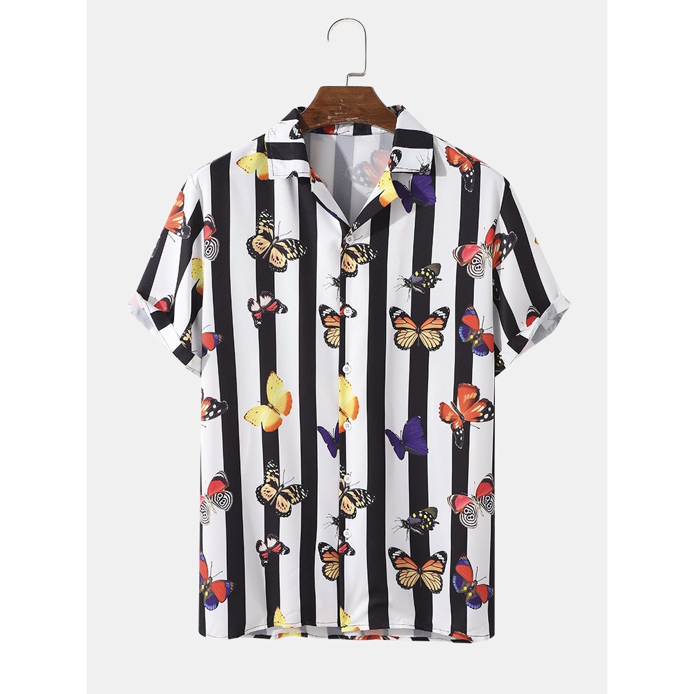 Mens Striped Butterfly Print Short Sleeve Street Regular Hem Shirt - White S