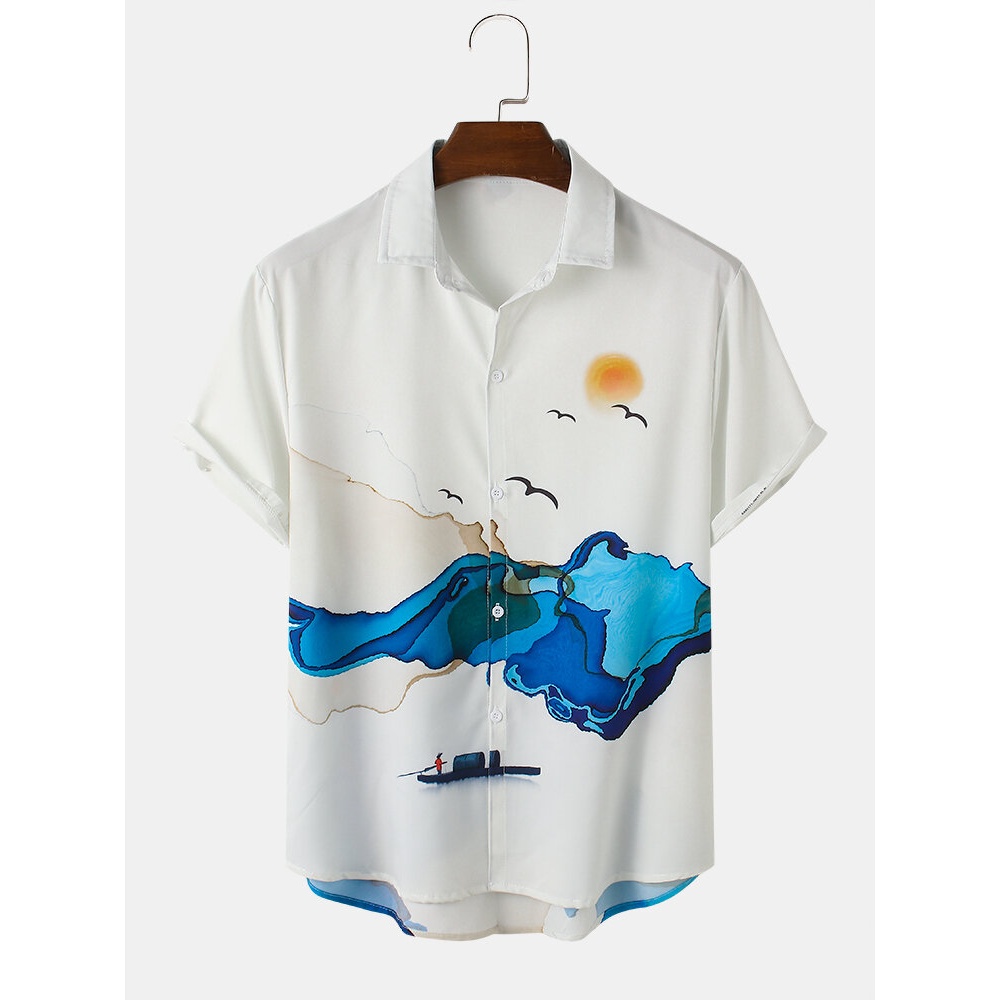 Mens Casual Landscape Print Short Sleeve Shirts - White 2XL