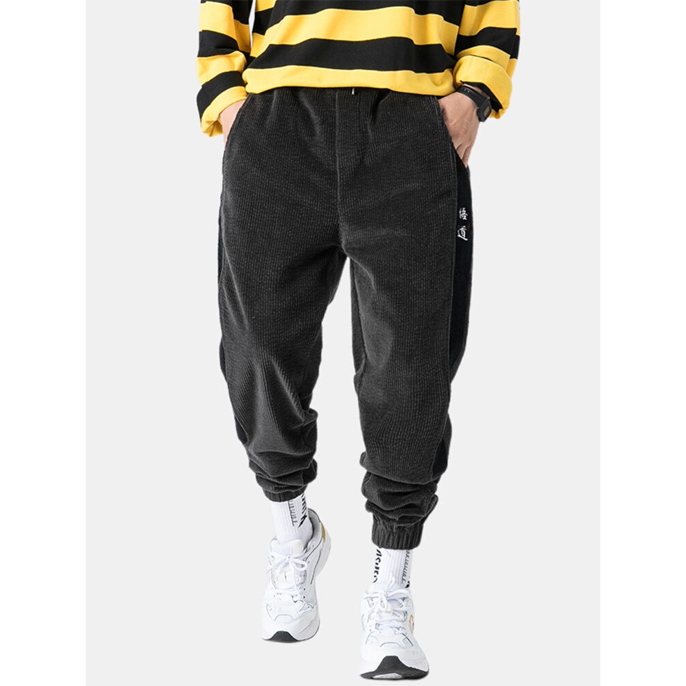 Men's New Corduroy Trend Side Stitching Contrast Color Thickening Pants - L Gray