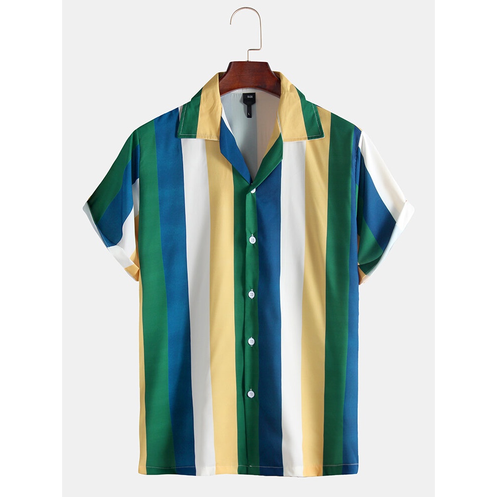 Mens Fashion Multi Stripe Buttons Turn Down Collar Causal Shirts - S Black
