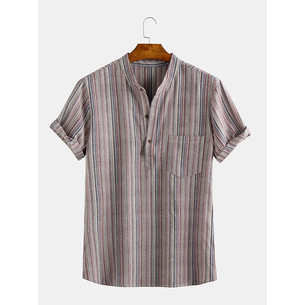 Mens Casual Slim Striped Short Sleeve Pocket Shirts - XL Yellow