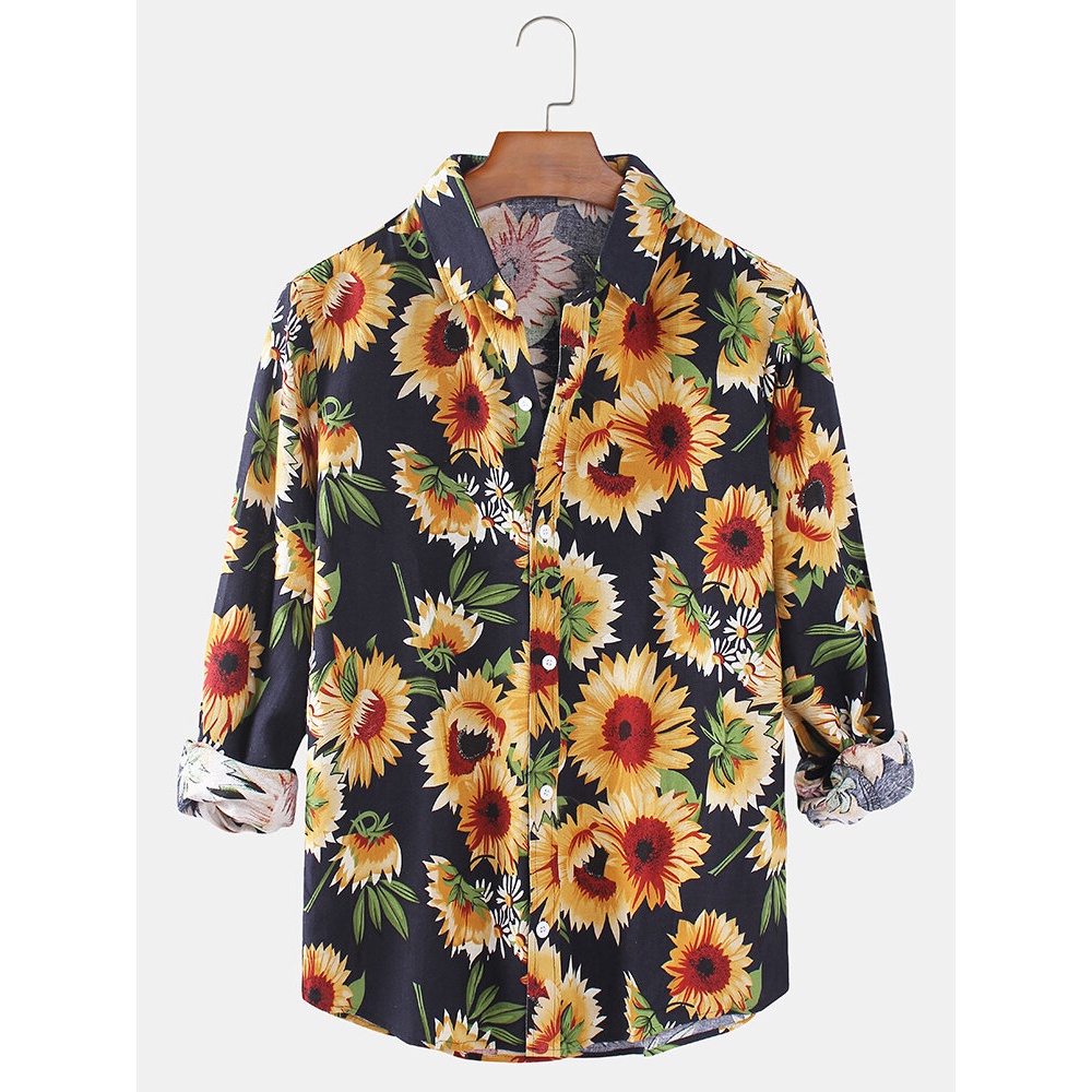 Cotton Sunflower Print Button Up Long Sleeve Casual Black Shirts For Men - Black L