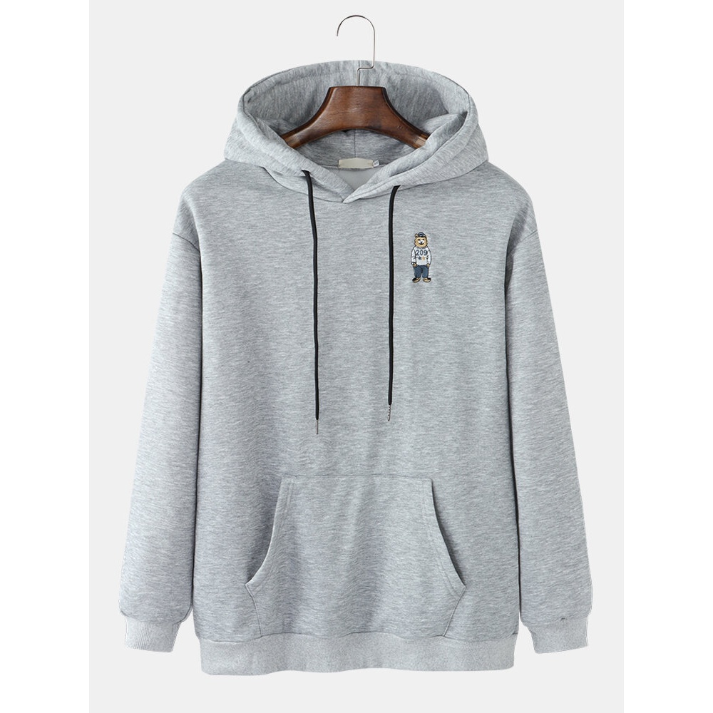 Mens Cartoon Bear Embroidered Cotton Casual Drawstring Overhead Hoodies - Grey XL