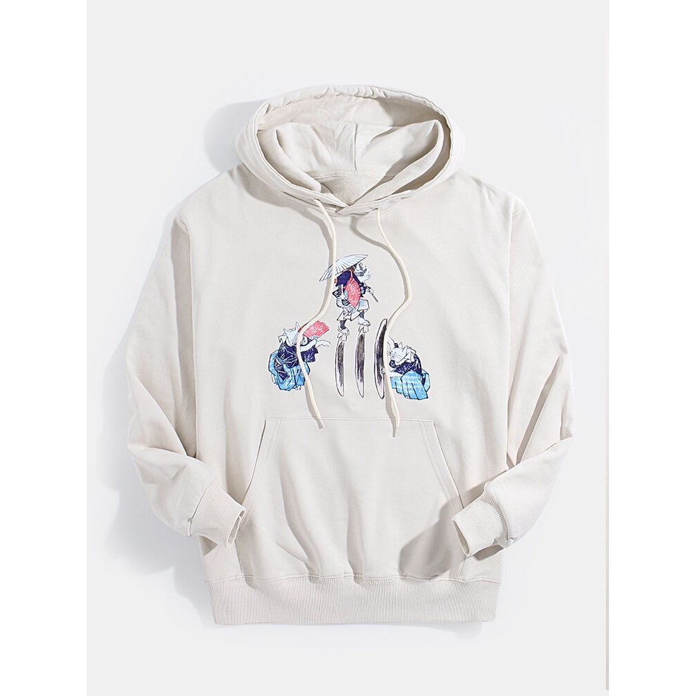 Mens Funny Cat Print Ukiyoe Long Sleeve Hoodies With Pocket - Pink M