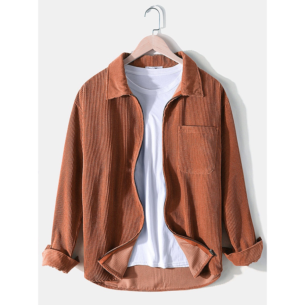 Corduroy Mens Solid Color Long Sleeve Casual Shirts With Pocket - Blue S