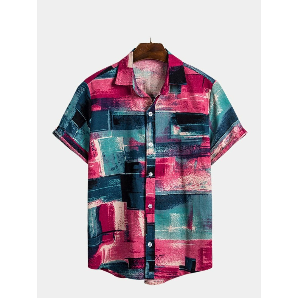 Mens Summer Colorful Plaid Printed Turn Down Collar Casual Shirts - S As Picture