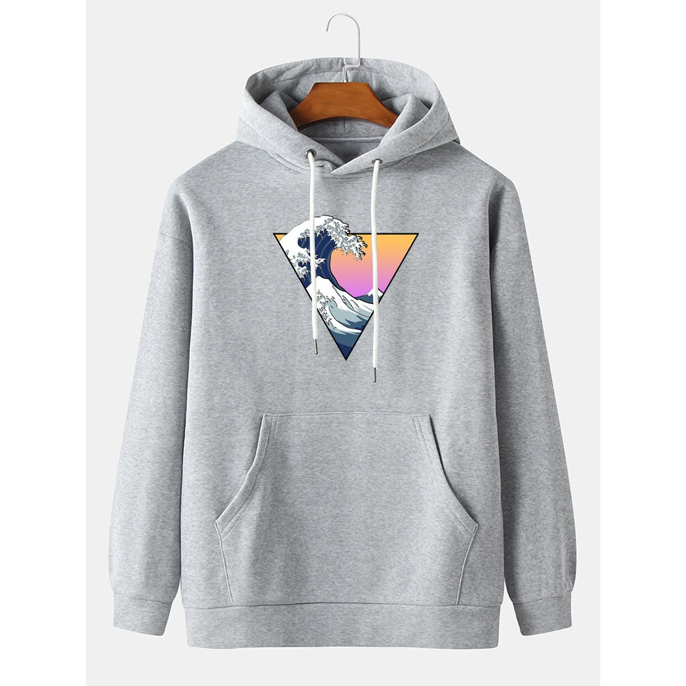 Mens Wave Print Long Sleeve Kangaroo Pocket Cartoon Hoodies - Black S