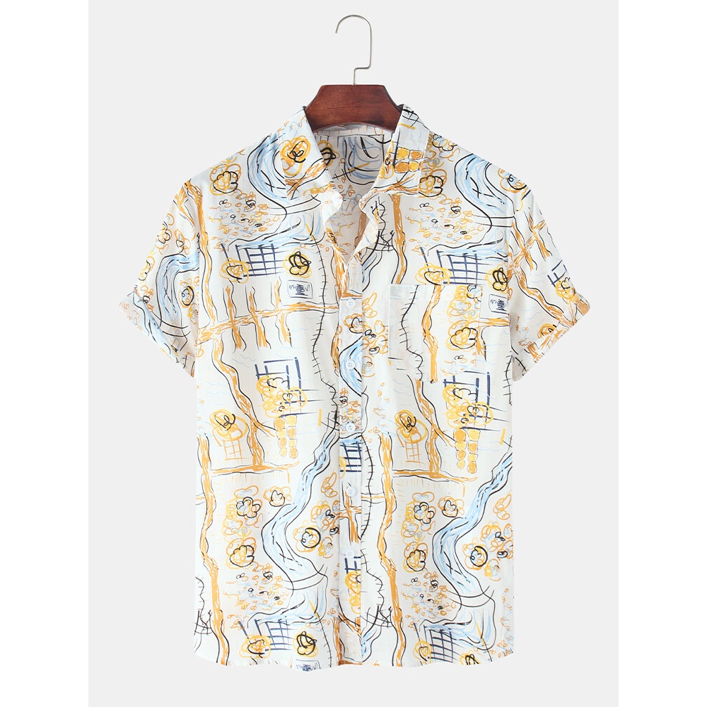 Mens 100% Cotton Funny Graffiti Printed Chest Pocket Short Sleeve Casual Shirts - Green M