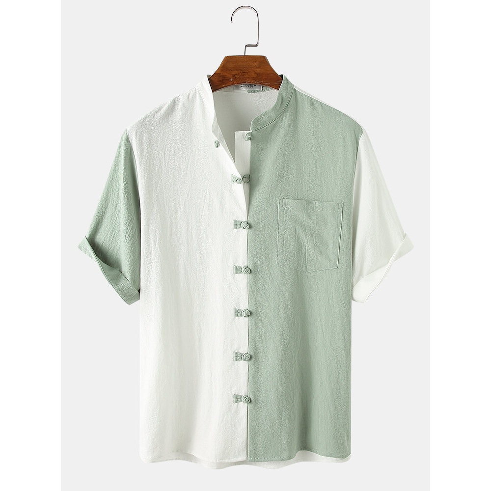 Mens 100% Cotton Patchwork Chest Pocket Stand Collar Short Sleeve Shirts - White XL