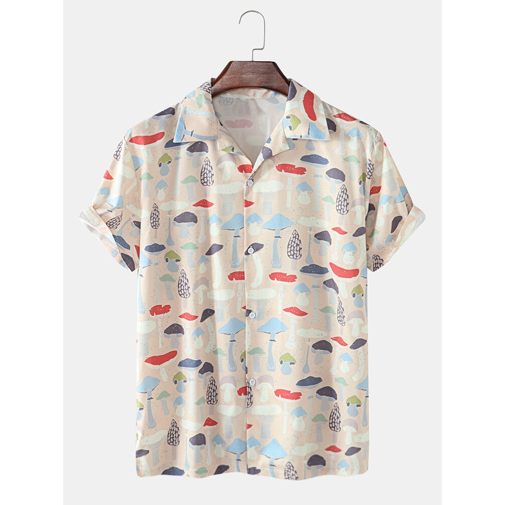 Mens Colorful Mushroom Print Lapel Community Spirit Short Sleeve Shirts - Navy M