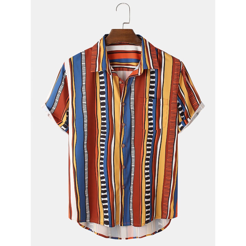 Mens Colorful Striped Print Short Sleeve Summer Casual Shirts - Blue S