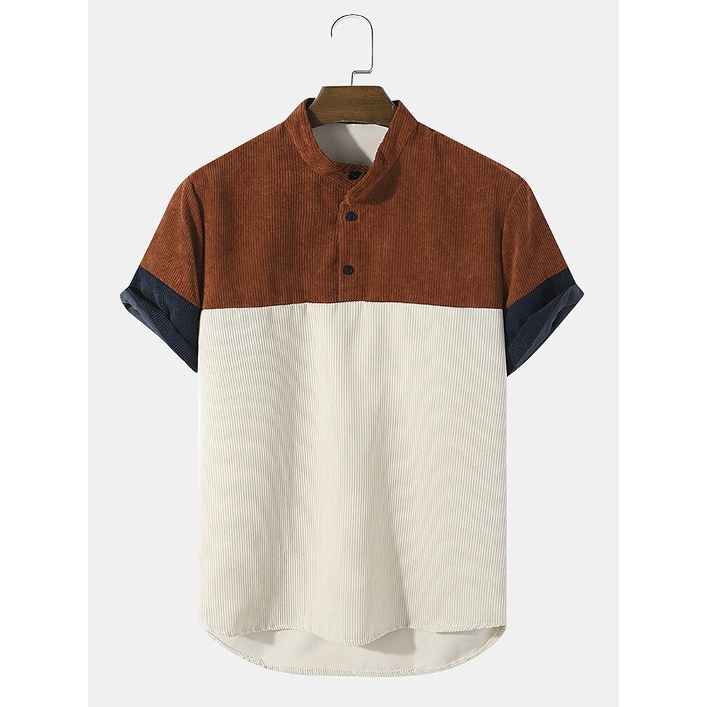 Mens Stand Collar Corduroy Color Block Casual Shirts - Red S
