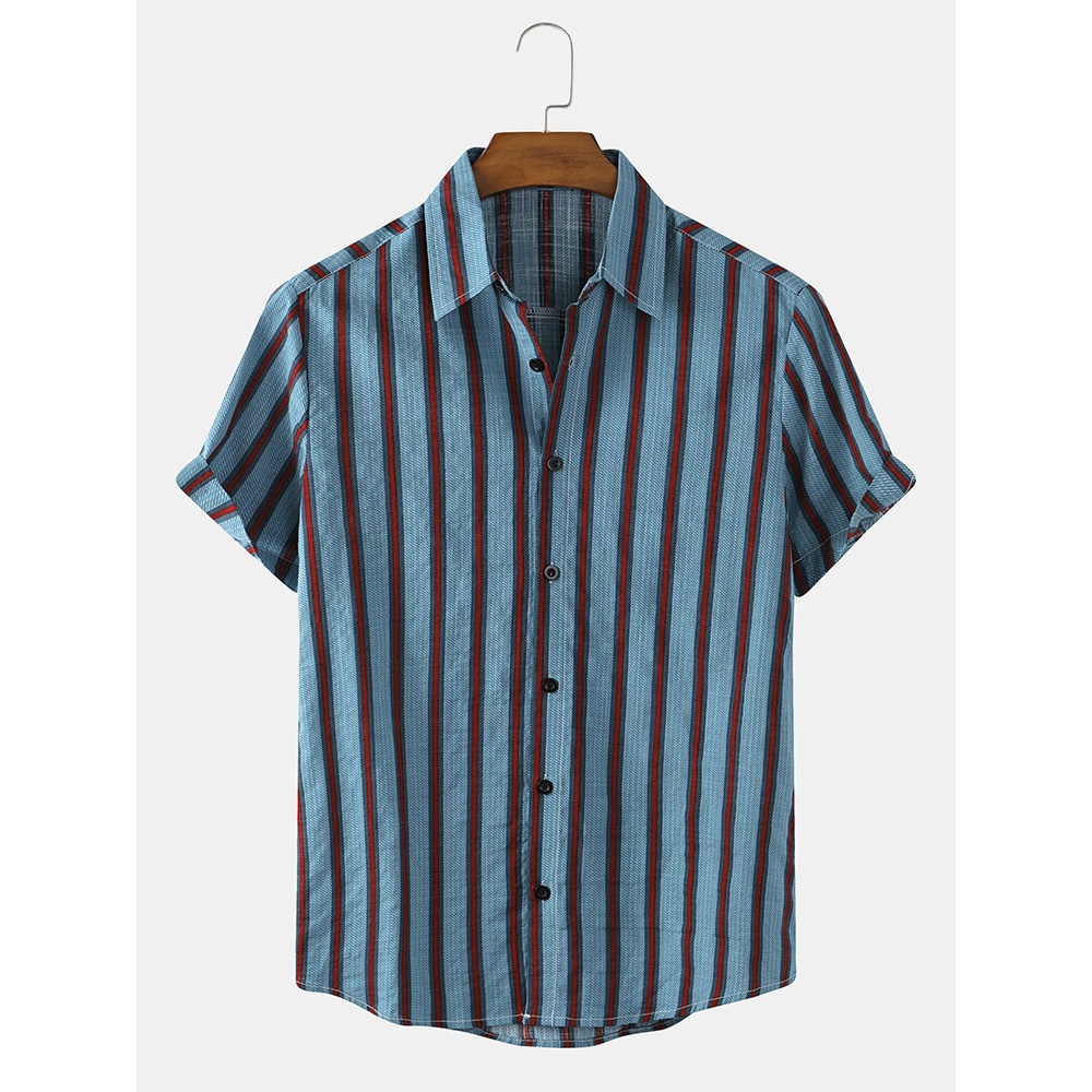 Casual Mens Cotton Vertical Stripes Lapel Collar Mens Short Sleeve Shirts - Light Blue M